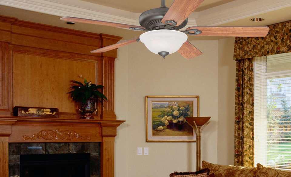 Ceiling fan fixture in a living room.